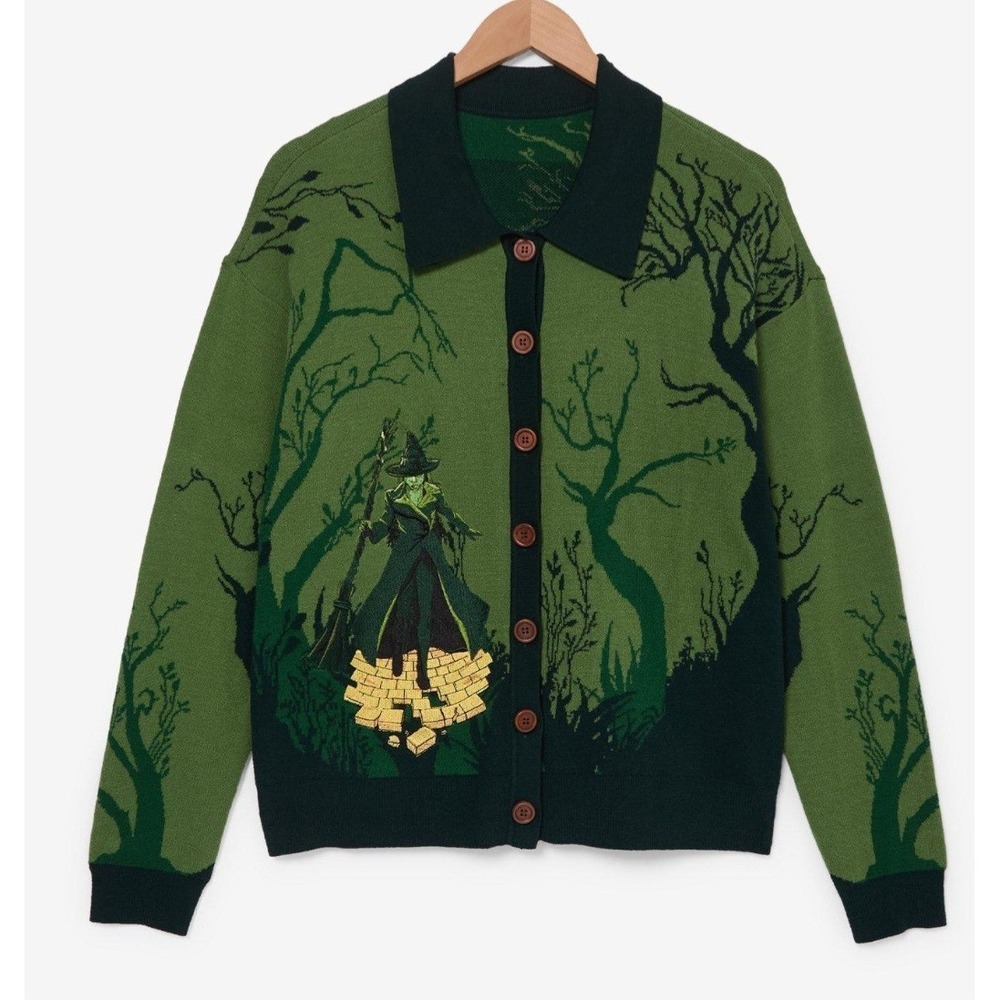 NEW Wicked‎ Elphaba Forest Green Embroidered Knit Sweater Cardigan Womens Large